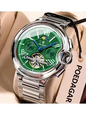 POEDAGAR Luxury Watch Date Stainless Steel Tourbillon Automatic (1413-green)
